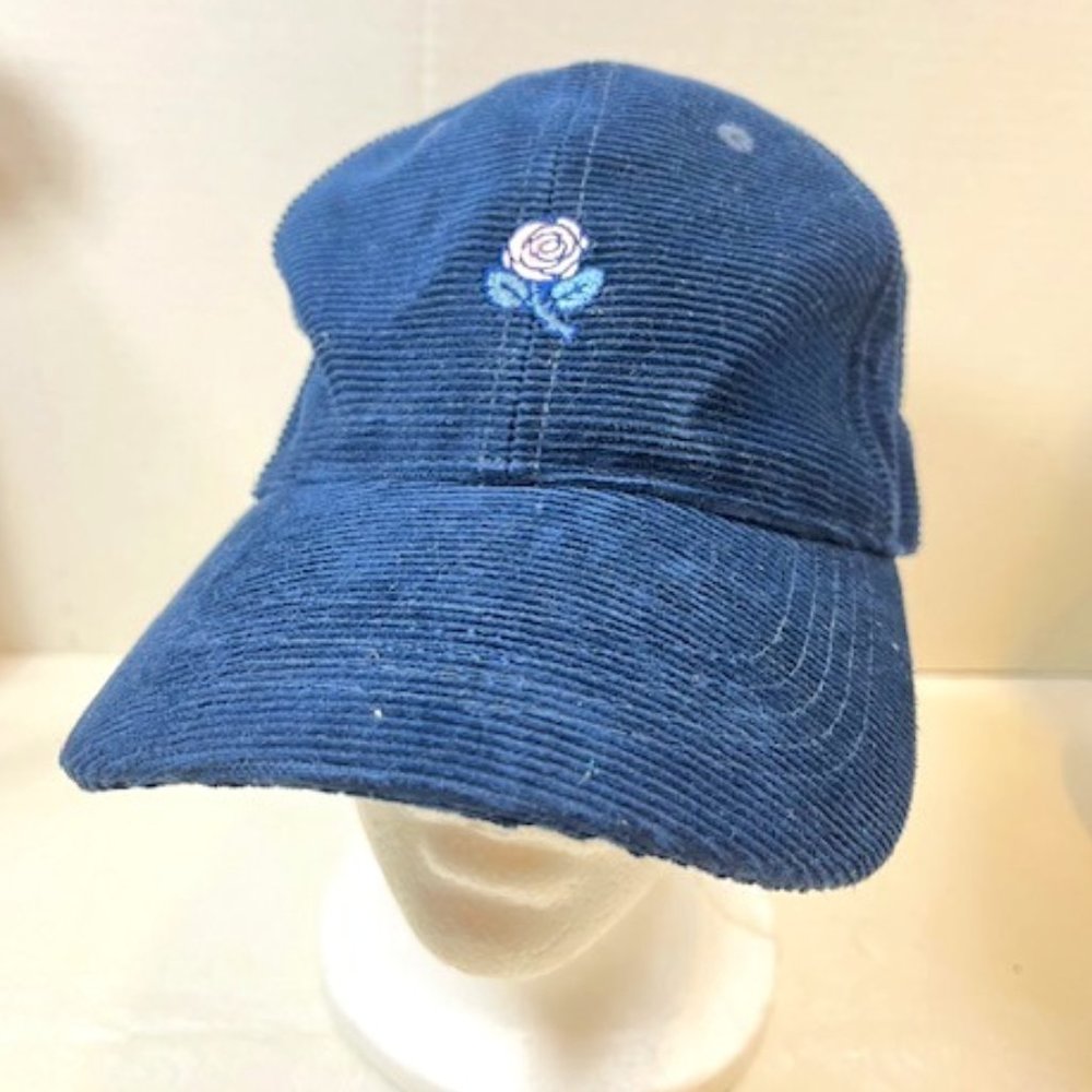 Pink Rose Floral Navy Blue Corduroy Adjustable Cap Hat